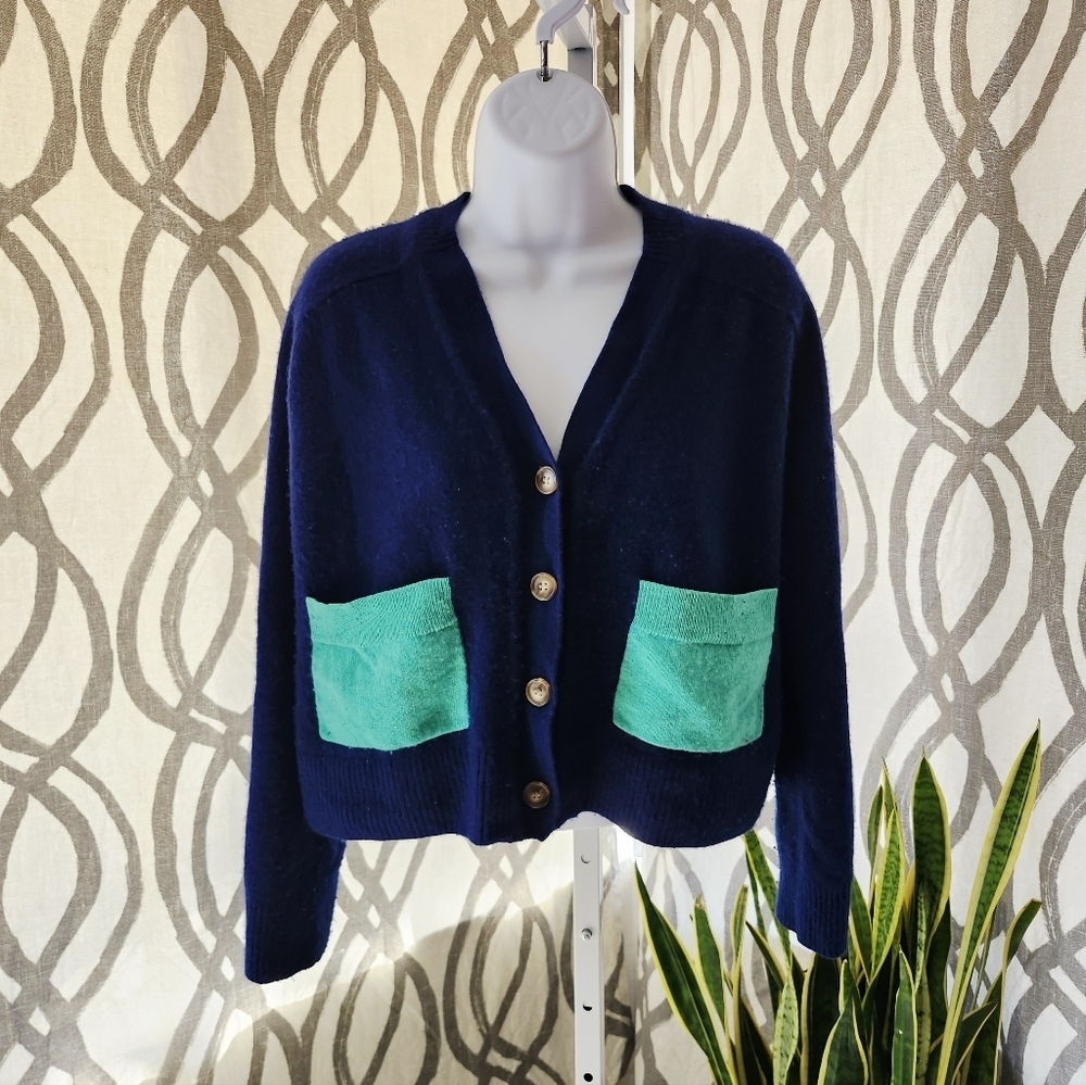 Absolutely Adorable Navy and Teal Button-Up Women's 100% Cashmere Sweater